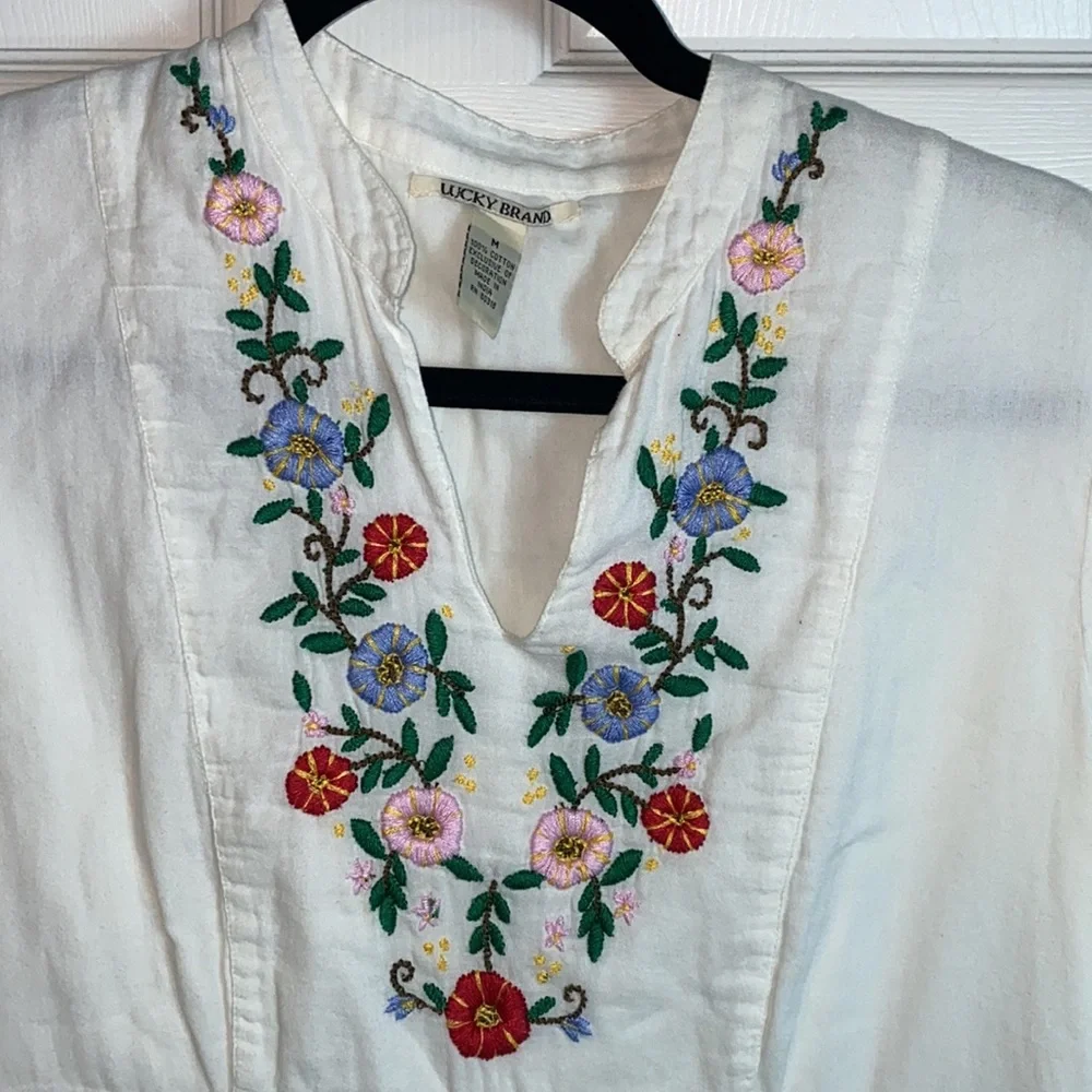 Lucky Brand Floral Neck Line Embroidered Dress Size Medium Side Zip